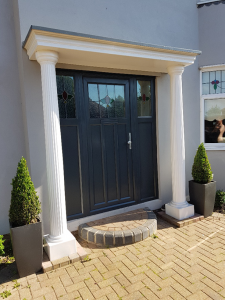 After picture of door and porch onsite in Lawford, Essex. Coated in specialist uPVC paint RAL 7016.