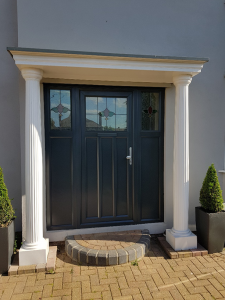 After picture of door and porch onsite in Lawford, Essex. Coated in specialist uPVC paint RAL 7016.
