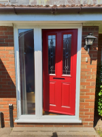 After picture of onsite coating of uPVC front door in Felixstowe. Front door is coated in specialist uPVC paint RAL 3001.