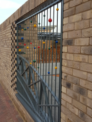 Powder coated railings and gates,coloured parts were hand painted on site in Huntingdon, Cambridgeshire.