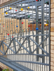 Powder coated railings and gates,coloured parts were hand painted on site in Huntingdon, Cambridgeshire.